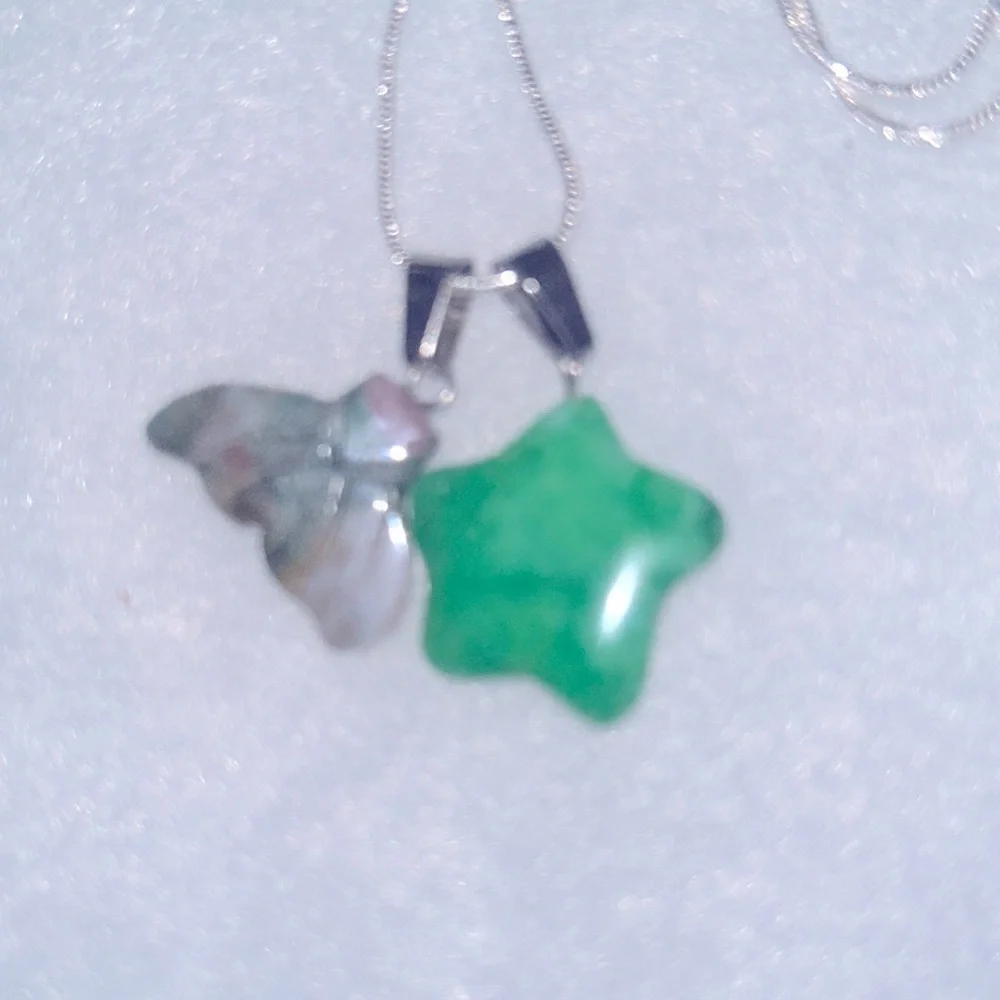 Boho hippie Jade Mermaid tail and Jade Star Sterling Silver Necklace 16”